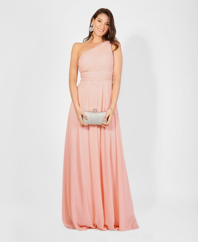 One Shoulder Chiffon Maxi Bridesmaid Dress Pink