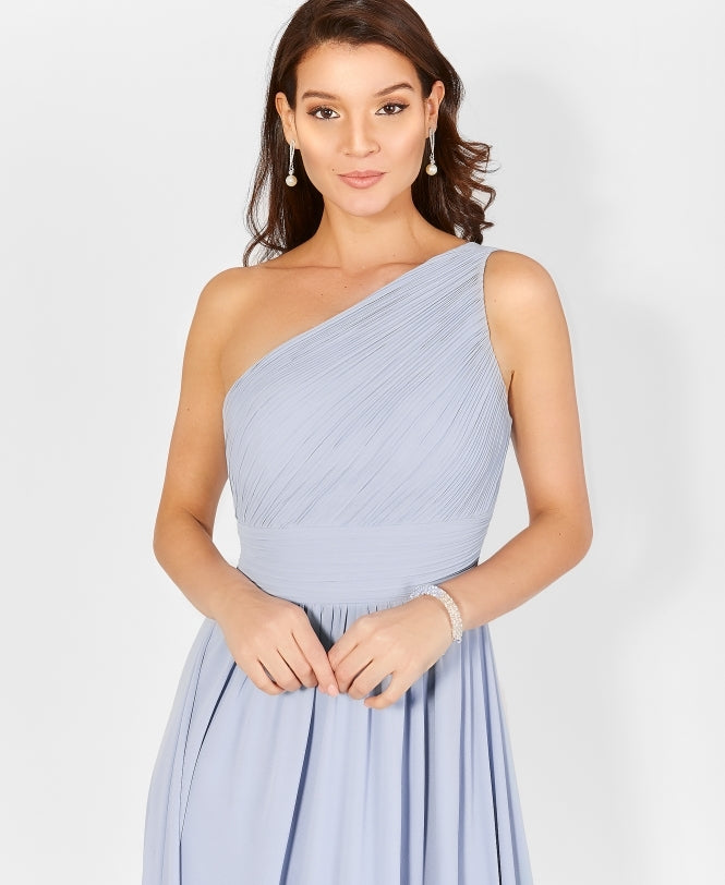 One Shoulder Chiffon Maxi Bridesmaid Dress Dusty Blue