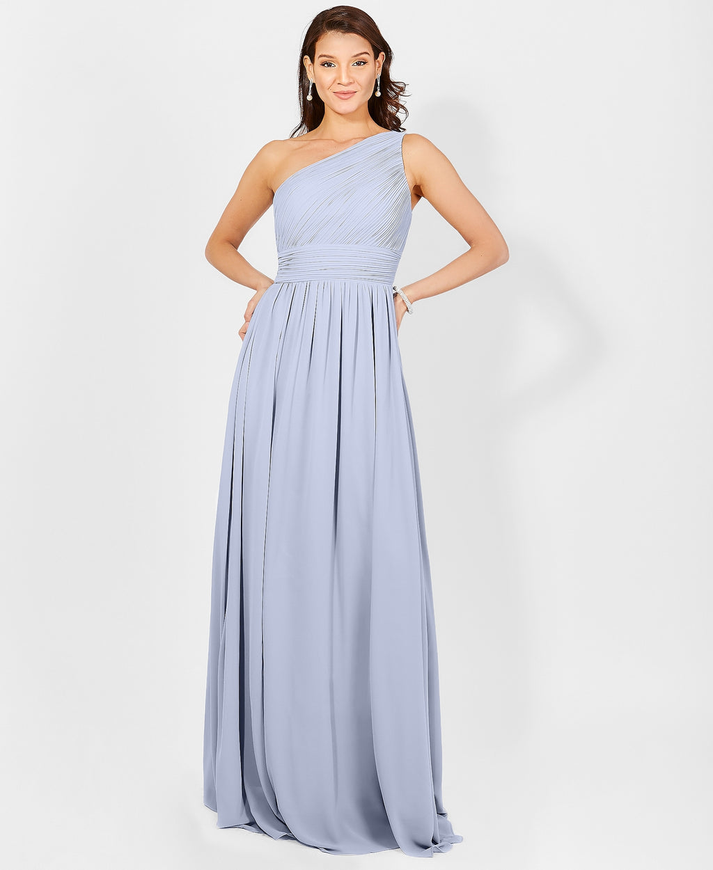One Shoulder Chiffon Maxi Bridesmaid Dress Dusty Blue
