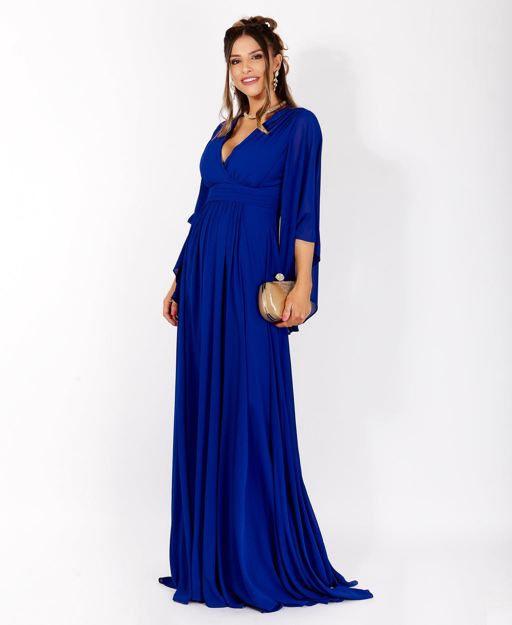 Long Sleeve Chiffon Wrap Maxi Dress Royal Blue
