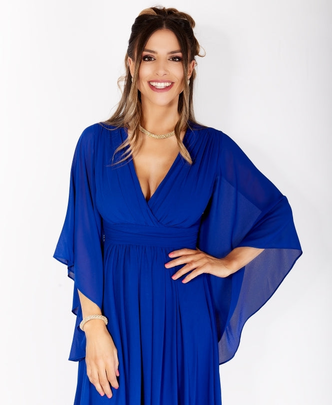 Long Sleeve Chiffon Wrap Maxi Dress Royal Blue
