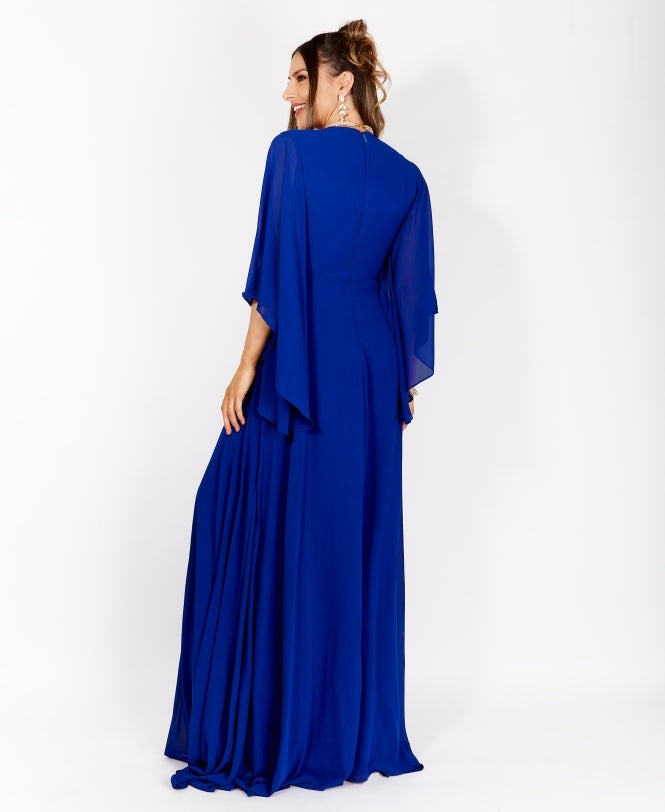 Long Sleeve Chiffon Wrap Maxi Dress Royal Blue