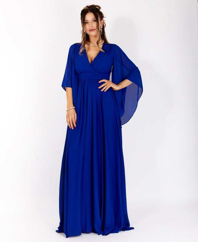 Long Sleeve Chiffon Wrap Maxi Dress Royal Blue