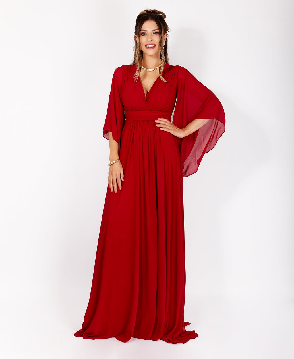 Long Sleeve Chiffon Wrap Maxi Dress Red