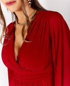 Long Sleeve Chiffon Wrap Maxi Dress Red