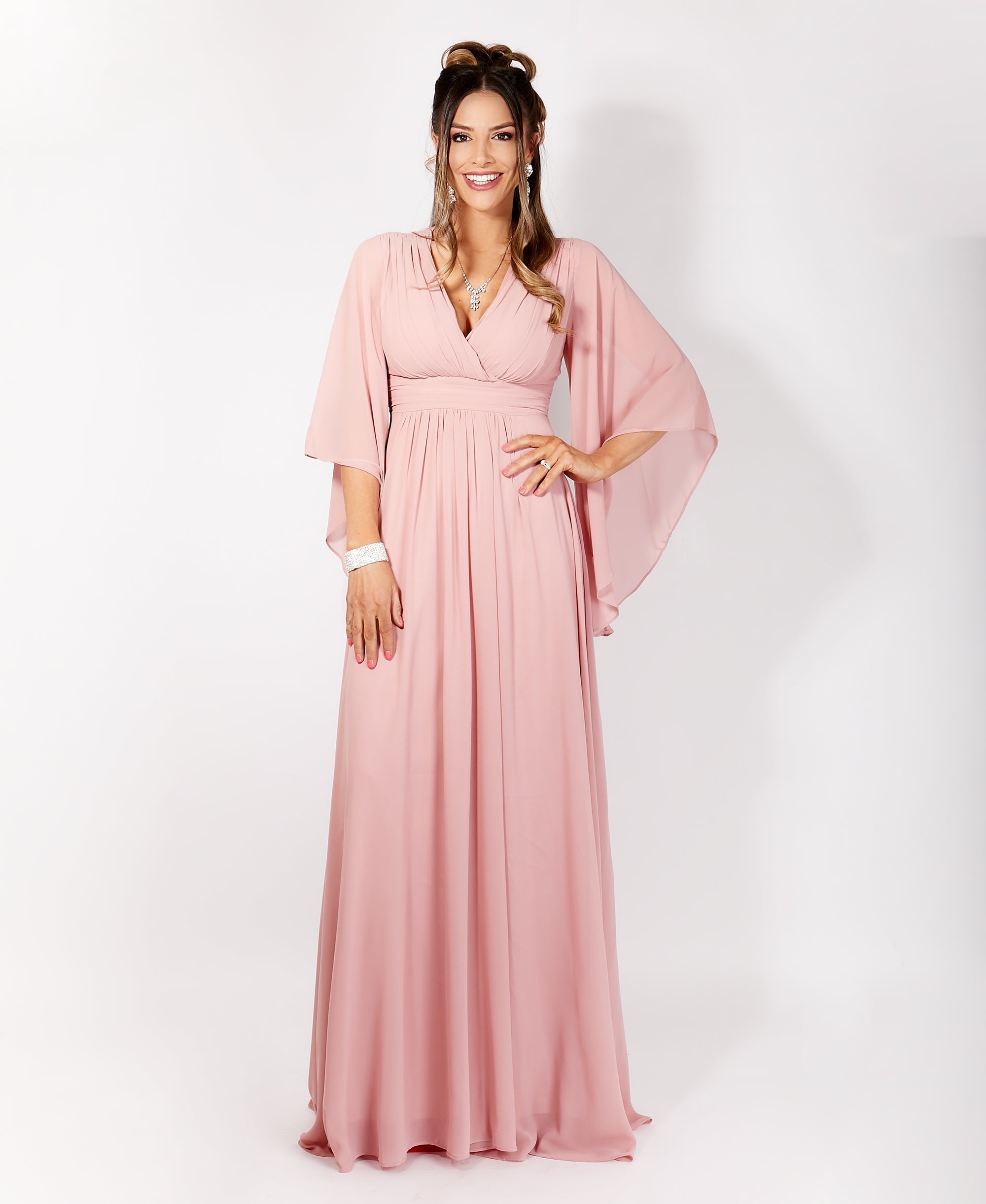 Long Sleeve Chiffon Wrap Maxi Dress Dark Pink