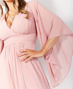 Long Sleeve Chiffon Wrap Maxi Dress Dark Pink