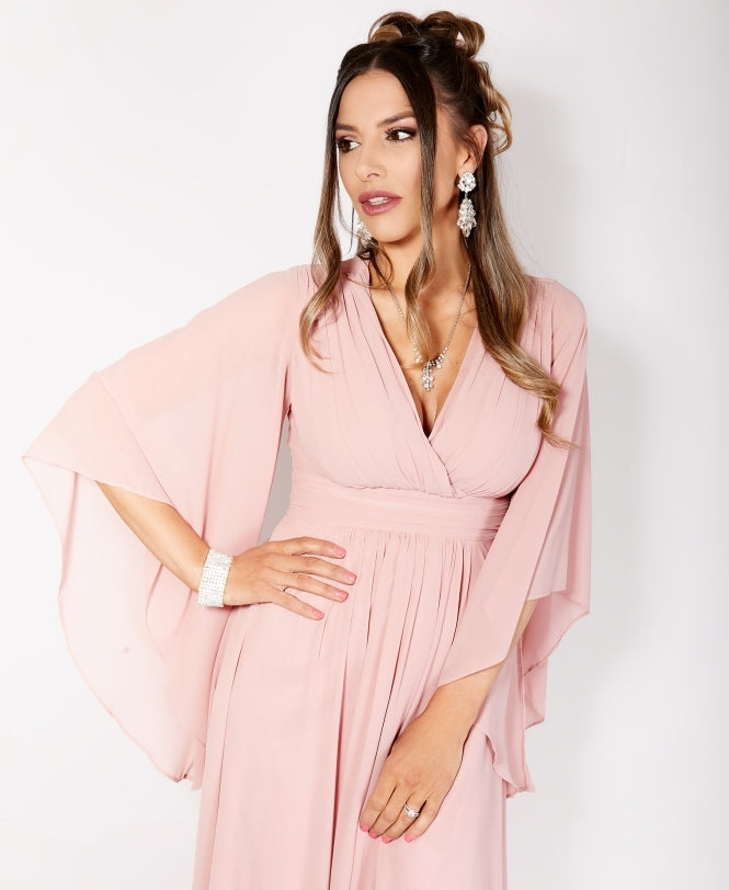 Long Sleeve Chiffon Wrap Maxi Dress Dark Pink
