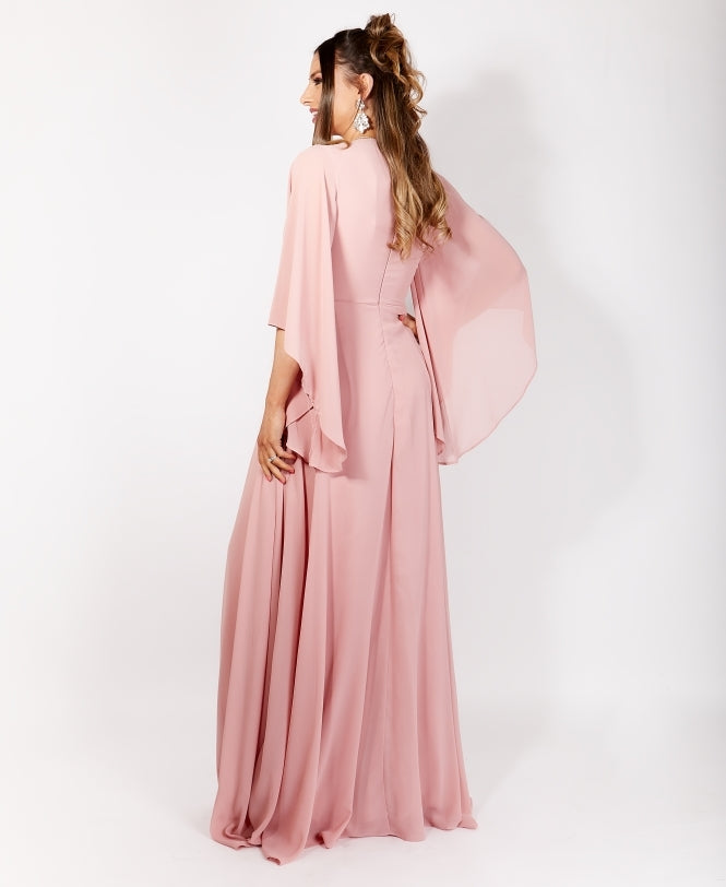 Long Sleeve Chiffon Wrap Maxi Dress Dark Pink