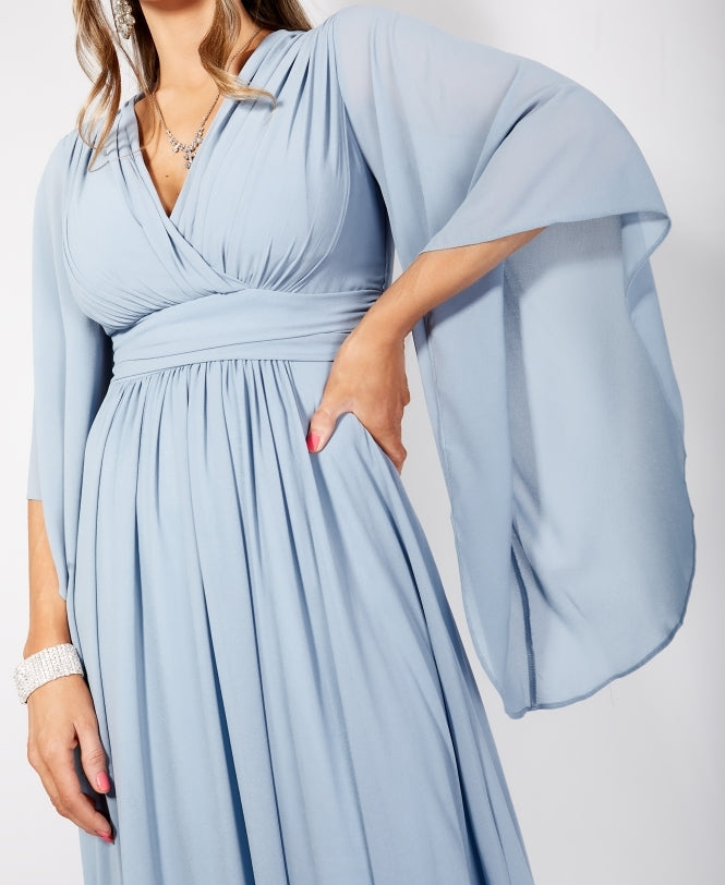 Long Sleeve Chiffon Wrap Maxi Dress Dusty Blue