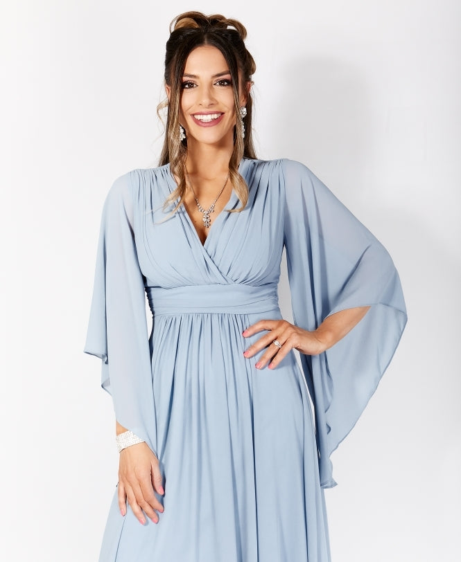 Long Sleeve Chiffon Wrap Maxi Dress Dusty Blue