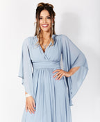 Long Sleeve Chiffon Wrap Maxi Dress Dusty Blue
