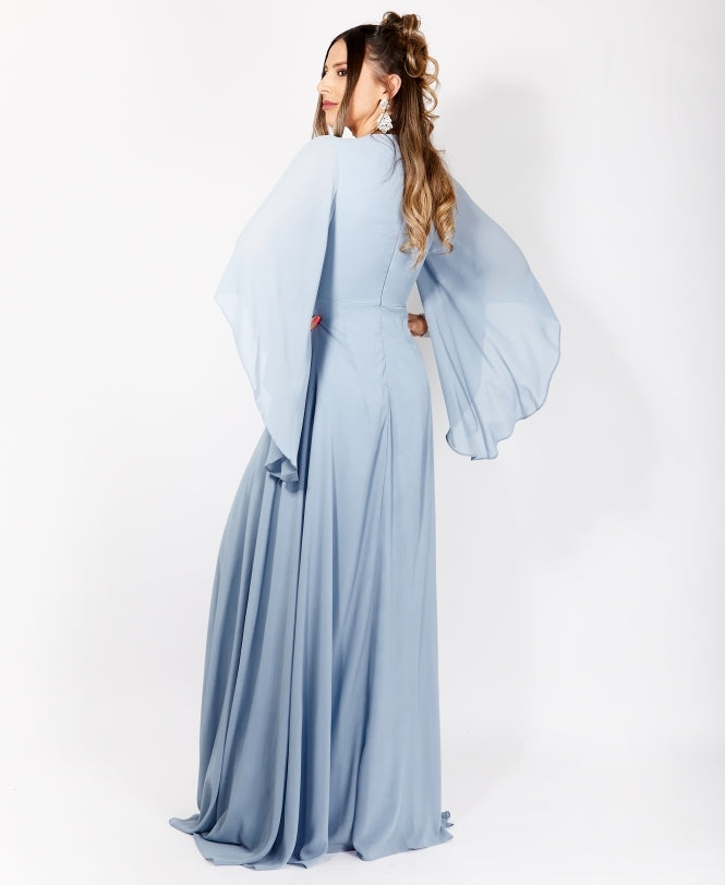 Long Sleeve Chiffon Wrap Maxi Dress Dusty Blue