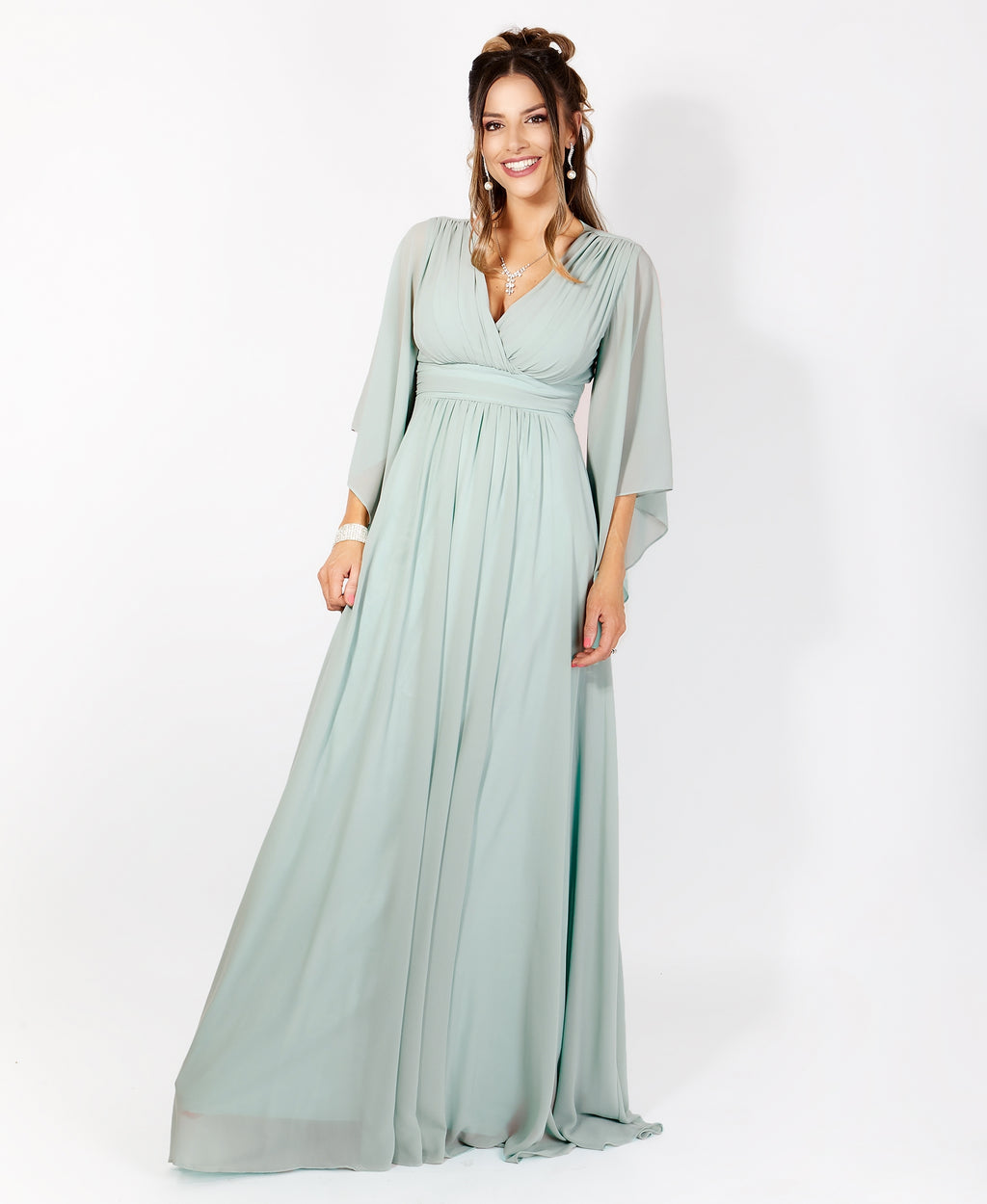 Long Sleeve Chiffon Wrap Maxi Dress Sage Green