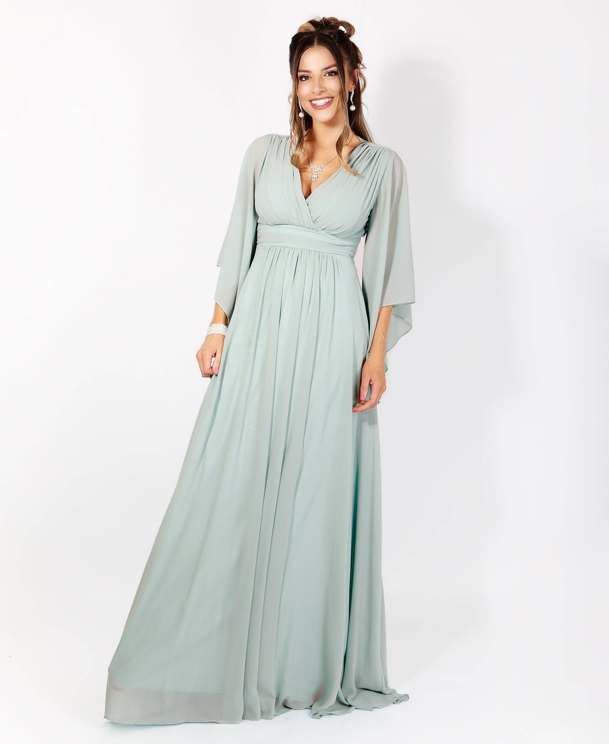 Long Sleeve Chiffon Wrap Maxi Dress Sage Green