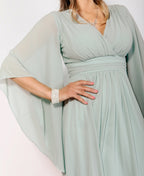 Long Sleeve Chiffon Wrap Maxi Dress Sage Green