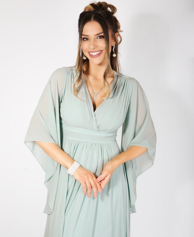 Long Sleeve Chiffon Wrap Maxi Dress Sage Green