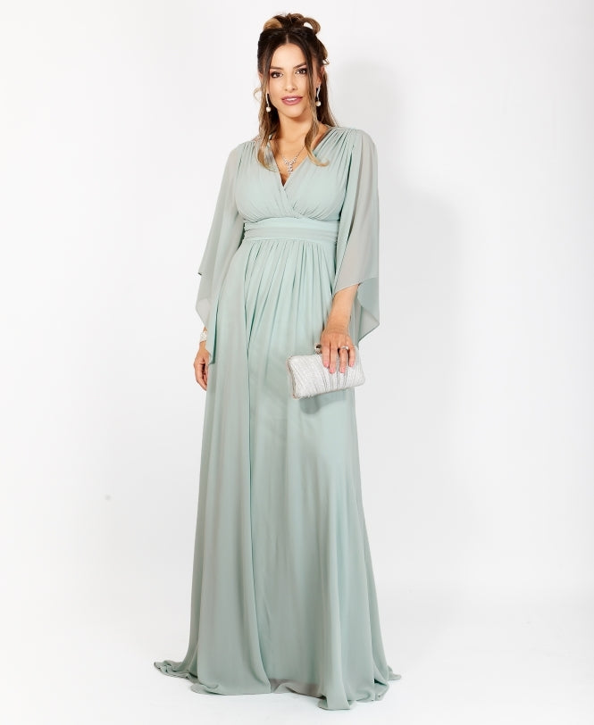 Long Sleeve Chiffon Wrap Maxi Dress Sage Green