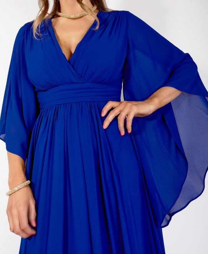 Long Sleeve Chiffon Wrap Maxi Dress Royal Blue