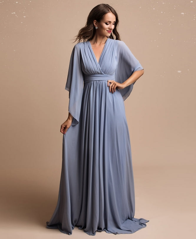 Long Sleeve Chiffon Wrap Maxi Dress Dusty Blue