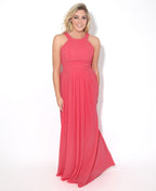 Pleated Front Chiffon Maxi Dress Coral