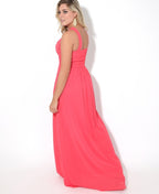 Pleated Front Chiffon Maxi Dress Coral