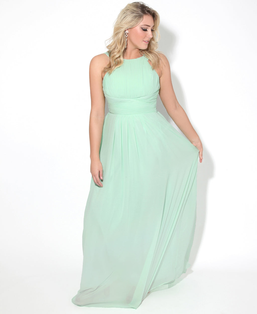 Pleated Front Chiffon Maxi Dress Mint