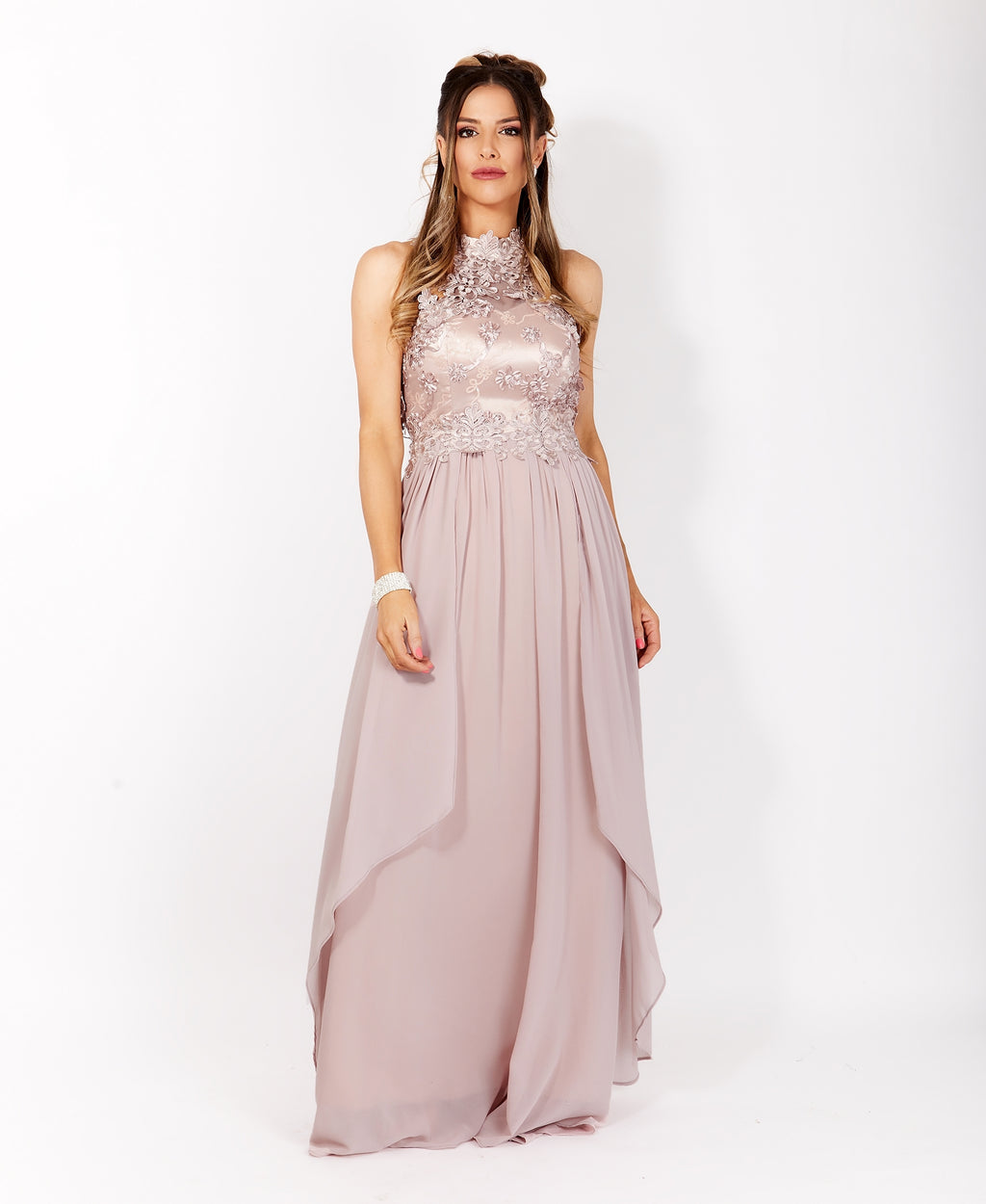 Lace Halterneck Maxi Dress Taupe