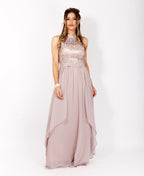 Lace Halterneck Maxi Dress Taupe