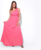 One Shoulder Chiffon Maxi Bridesmaid Dress Coral