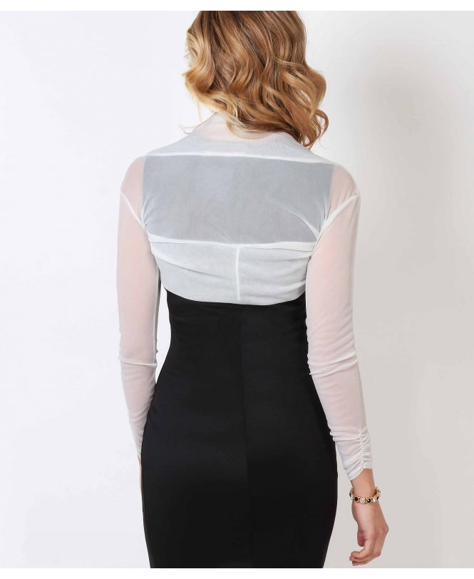 Ruched Long Sleeve Mesh Shrug Cream