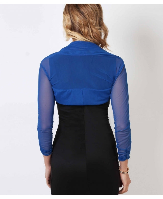 Ruched Long Sleeve Mesh Shrug Royal Blue