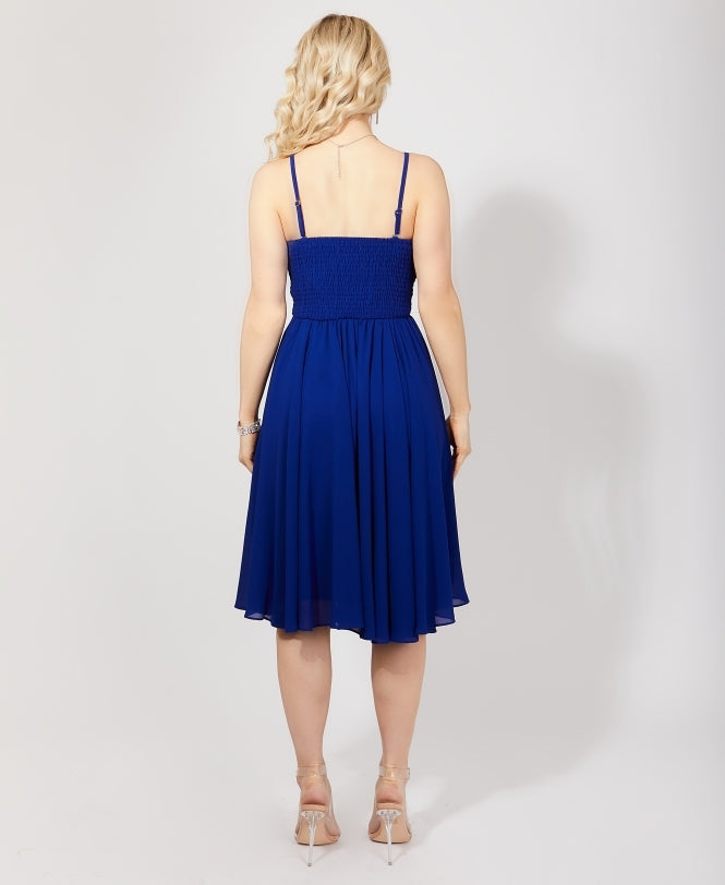 Strappy Gathered Occasion Knee Length Dress Royal Blue