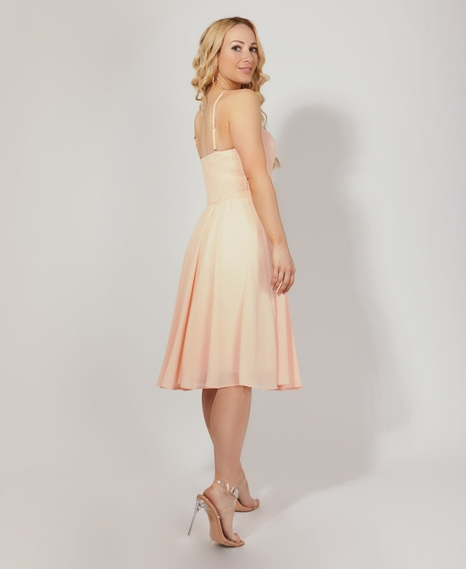 Strappy Gathered Occasion Knee Length Dress Light Pink