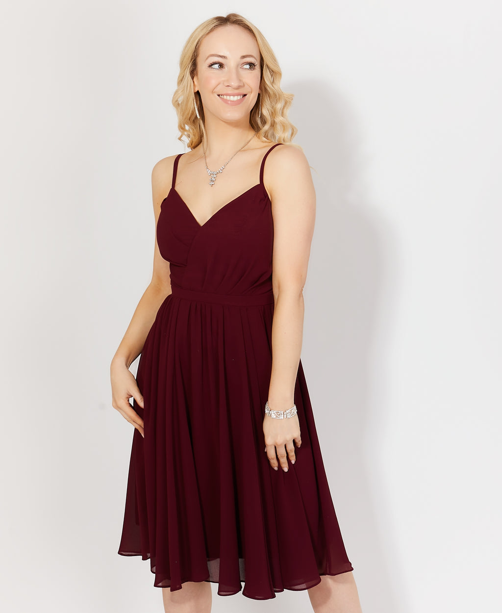 Strappy Gathered Occasion Knee Length Dress Wine