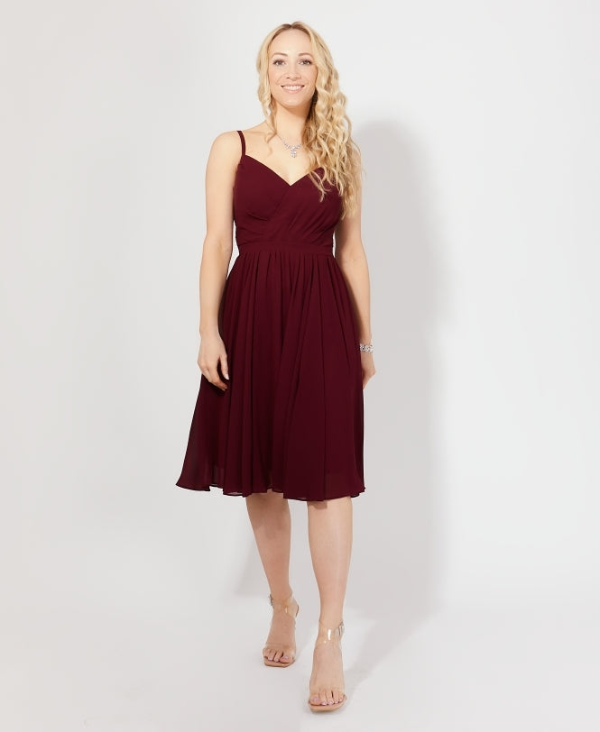 Strappy Gathered Occasion Knee Length Dress Wine