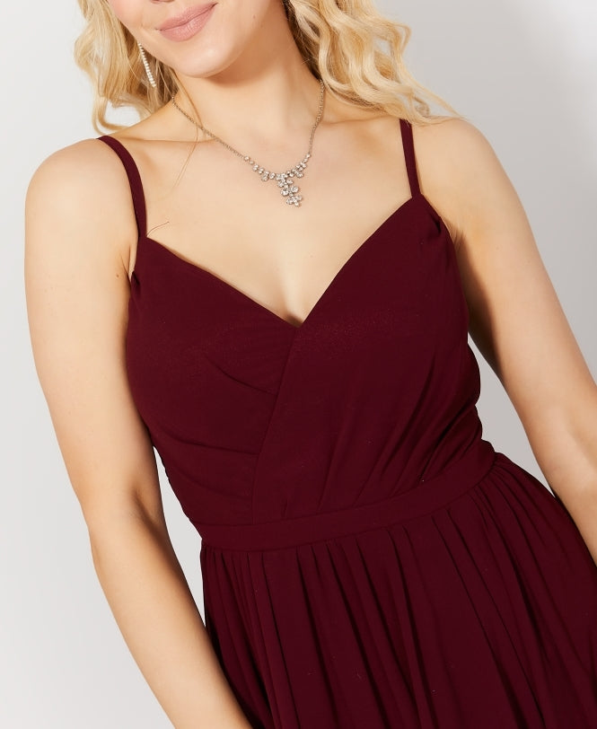 Strappy Gathered Occasion Knee Length Dress Wine