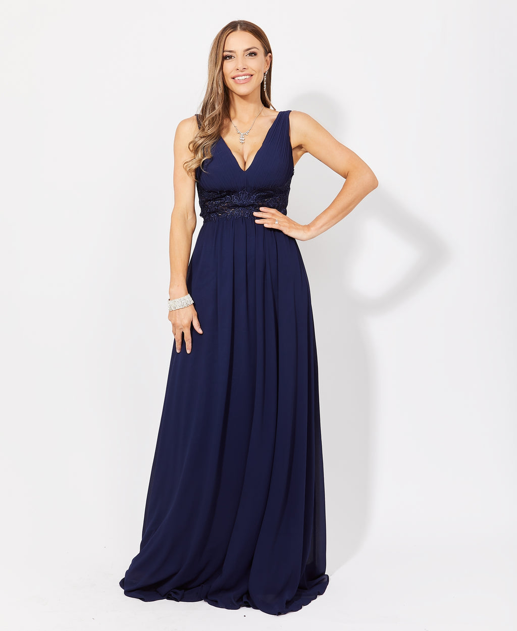 Crochet Waist V-Neck Occasion Maxi Dress Navy