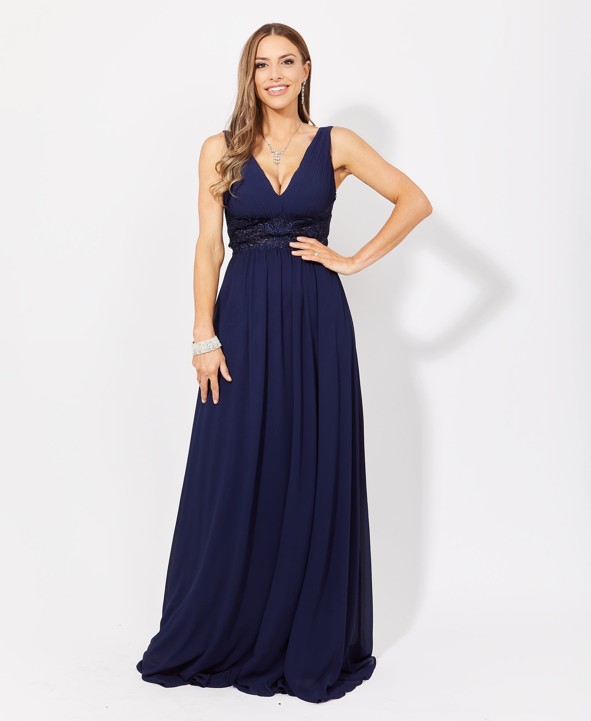 Crochet Waist V-Neck Occasion Maxi Dress Navy