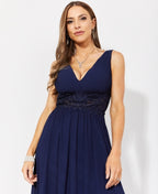 Crochet Waist V-Neck Occasion Maxi Dress Navy