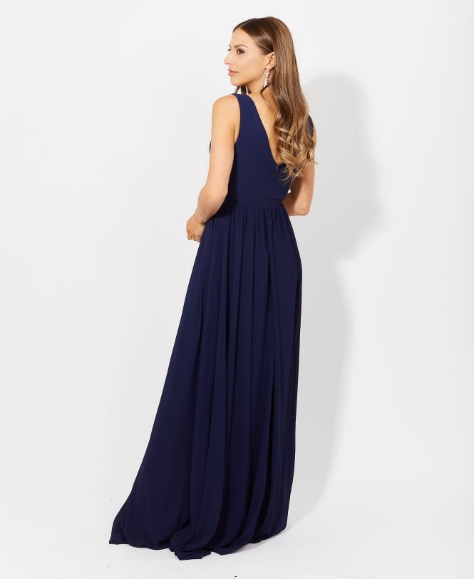 Crochet Waist V-Neck Occasion Maxi Dress Navy