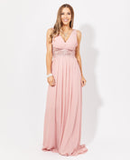 Crochet Waist V-Neck Occasion Maxi Dress Pink