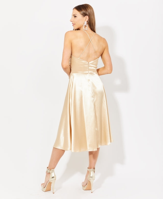 Knee Length Strappy Satin Occasion Dress Champagne