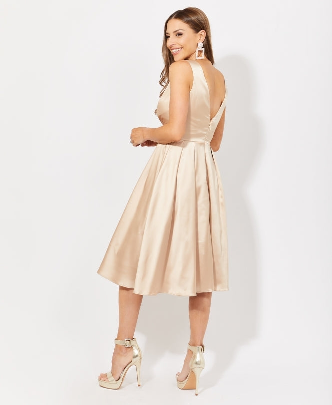 Knee Length V-Neck Satin Occasion Dress Champagne