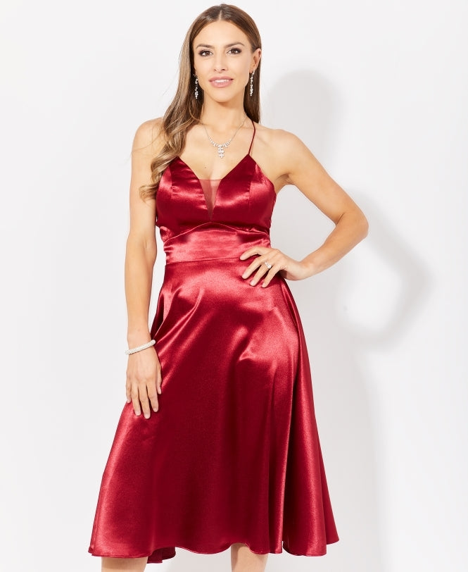 Knee Length Strappy Satin Occasion Dress Wine