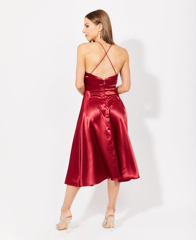 Knee Length Strappy Satin Occasion Dress Wine