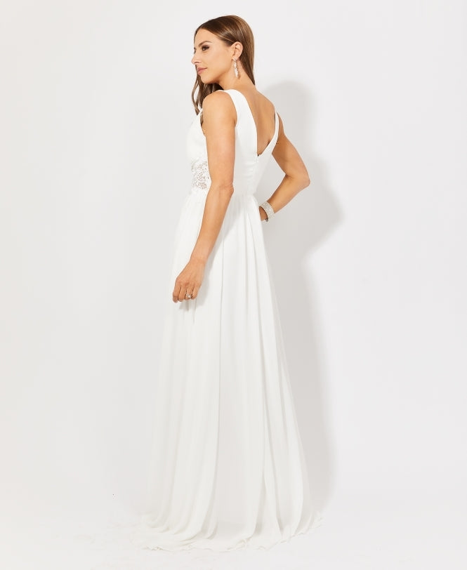 Crochet Waist V-Neck Occasion Maxi Dress White