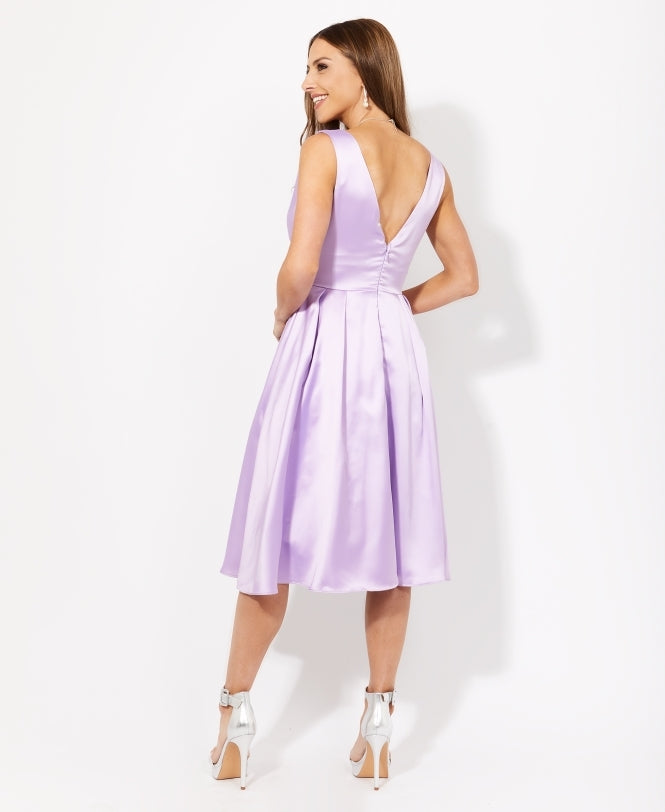 Knee Length V-Neck Satin Occasion Dress Lavender