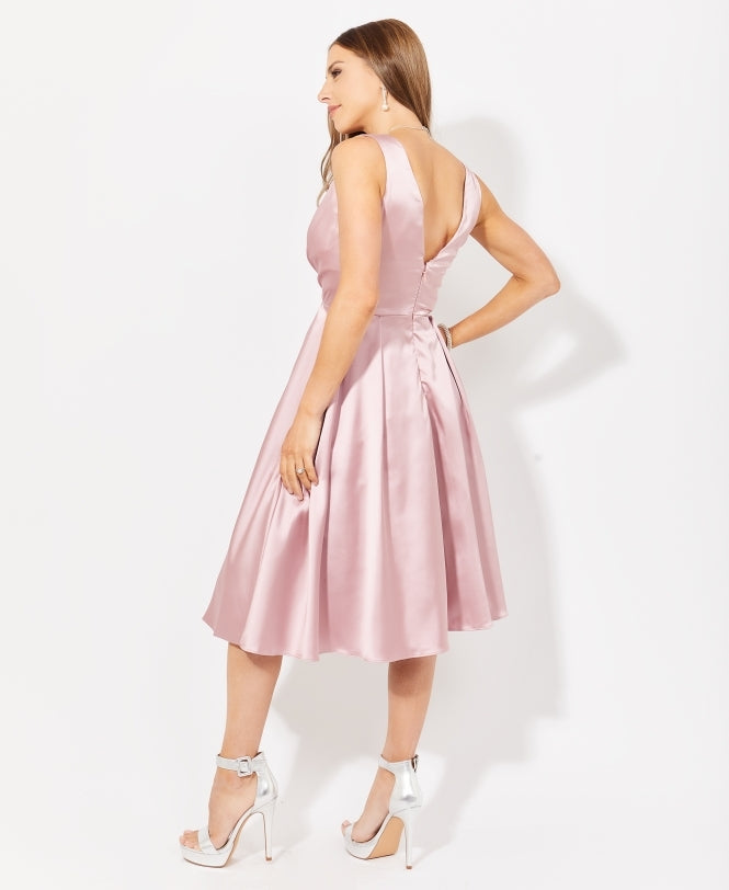 Knee Length V-Neck Satin Occasion Dress Dark Pink