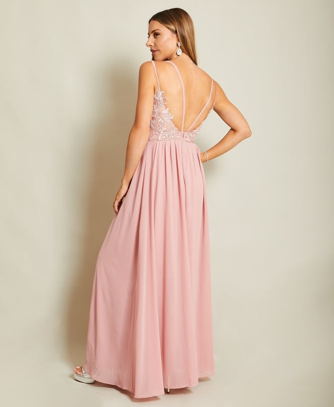 Strappy Crochet Back Chiffon Maxi Dress Dark Pink